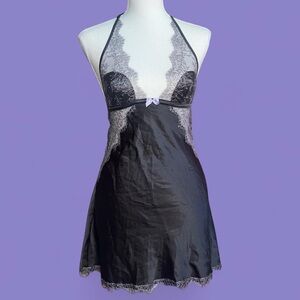 Victorias Secret Black with purple Lace Trim Satin Halter Chemise mini dress